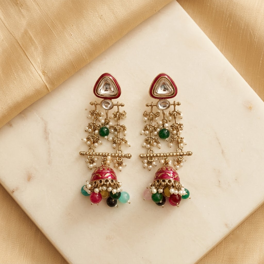 Long Enamel Kundan Jhumki Drop Earrings | Lady Zone