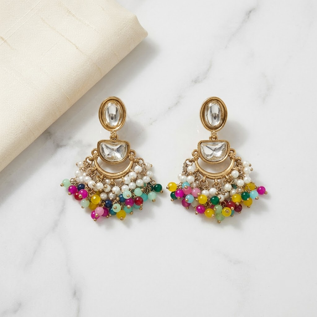 Kundan & Beaded Crescent Drop Earrings | Lady Zone