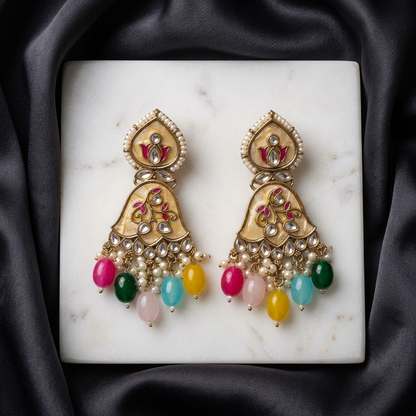 Enamel & Kundan Floral Drop Earrings | Lady Zone