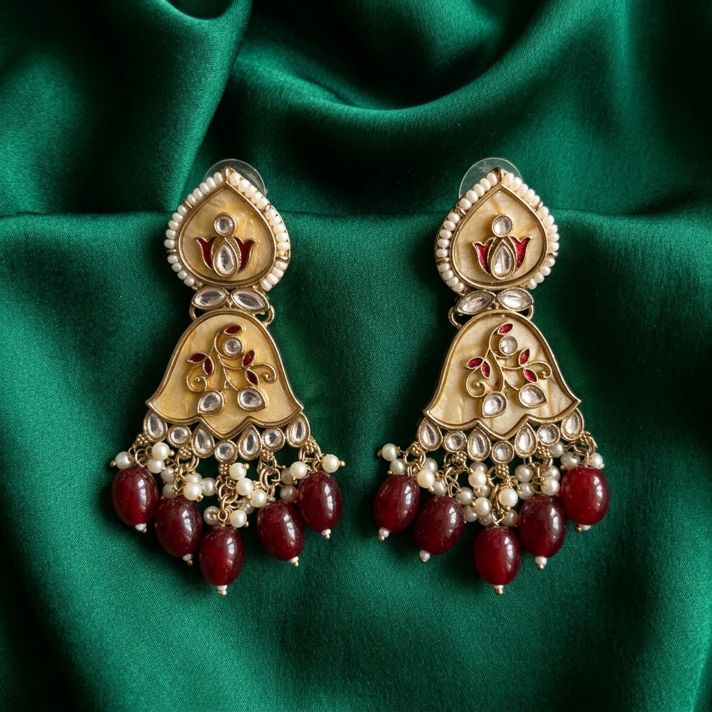 Enamel & Kundan Floral Drop Earrings | Lady Zone