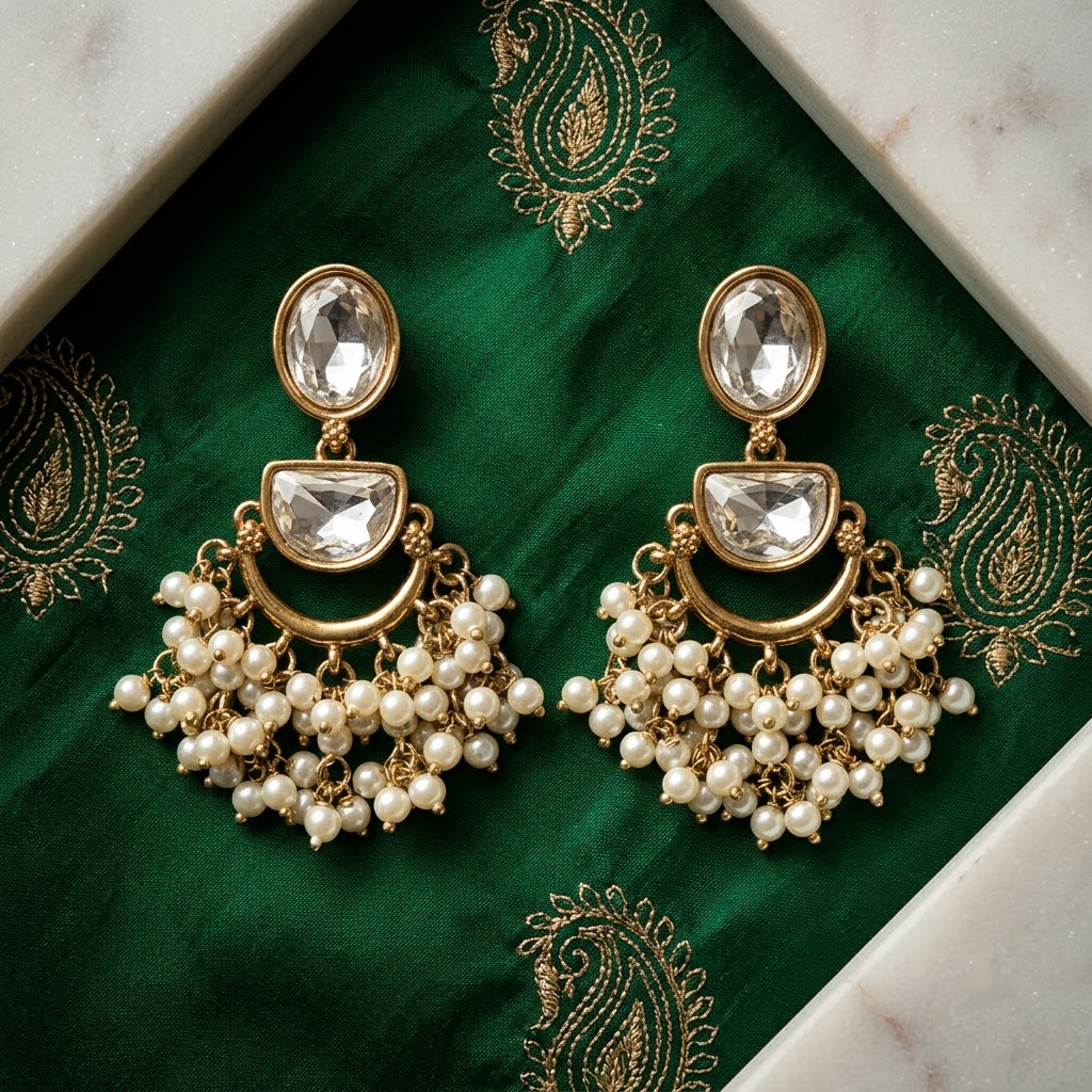 Kundan & Beaded Crescent Drop Earrings | Lady Zone
