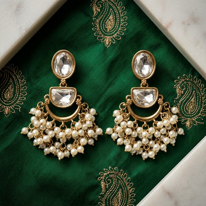 Kundan & Beaded Crescent Drop Earrings | Lady Zone