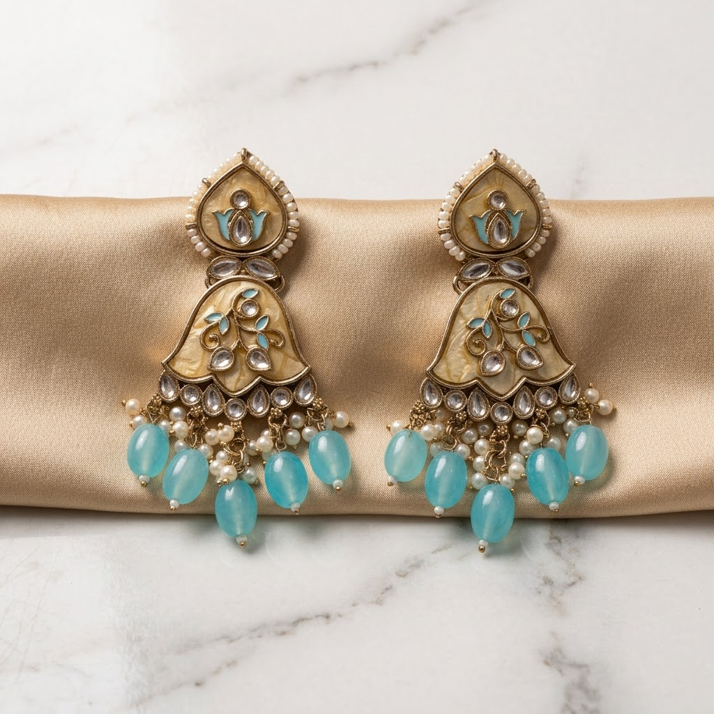 Enamel & Kundan Floral Drop Earrings | Lady Zone