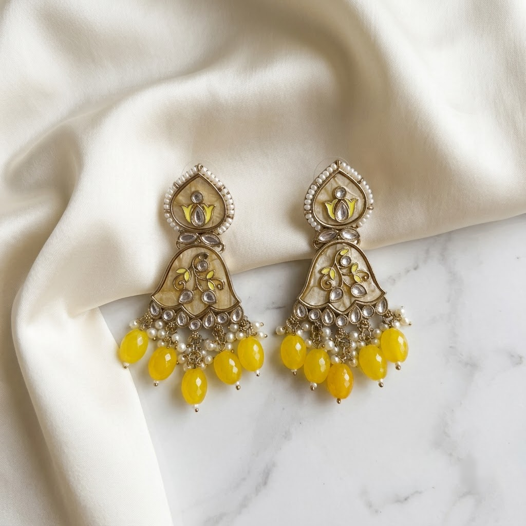 Enamel & Kundan Floral Drop Earrings | Lady Zone
