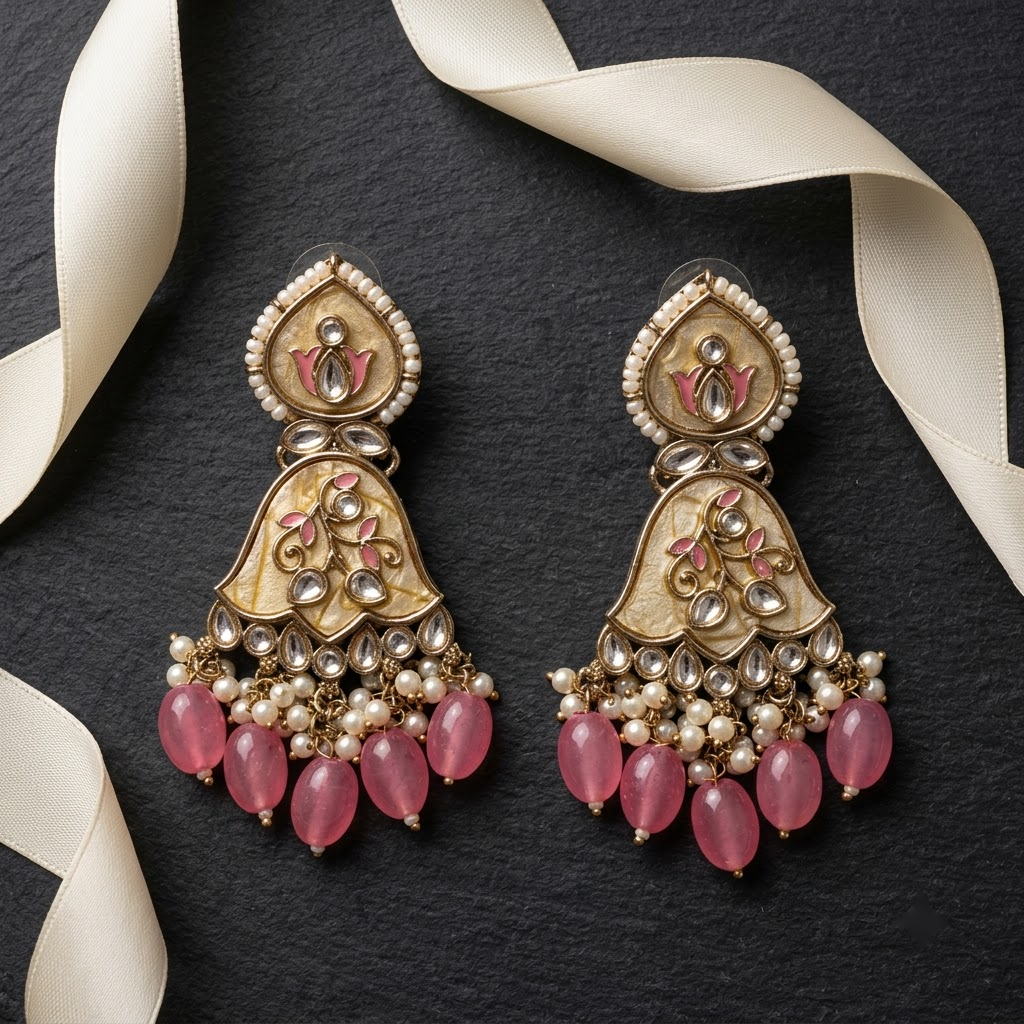 Enamel & Kundan Floral Drop Earrings | Lady Zone
