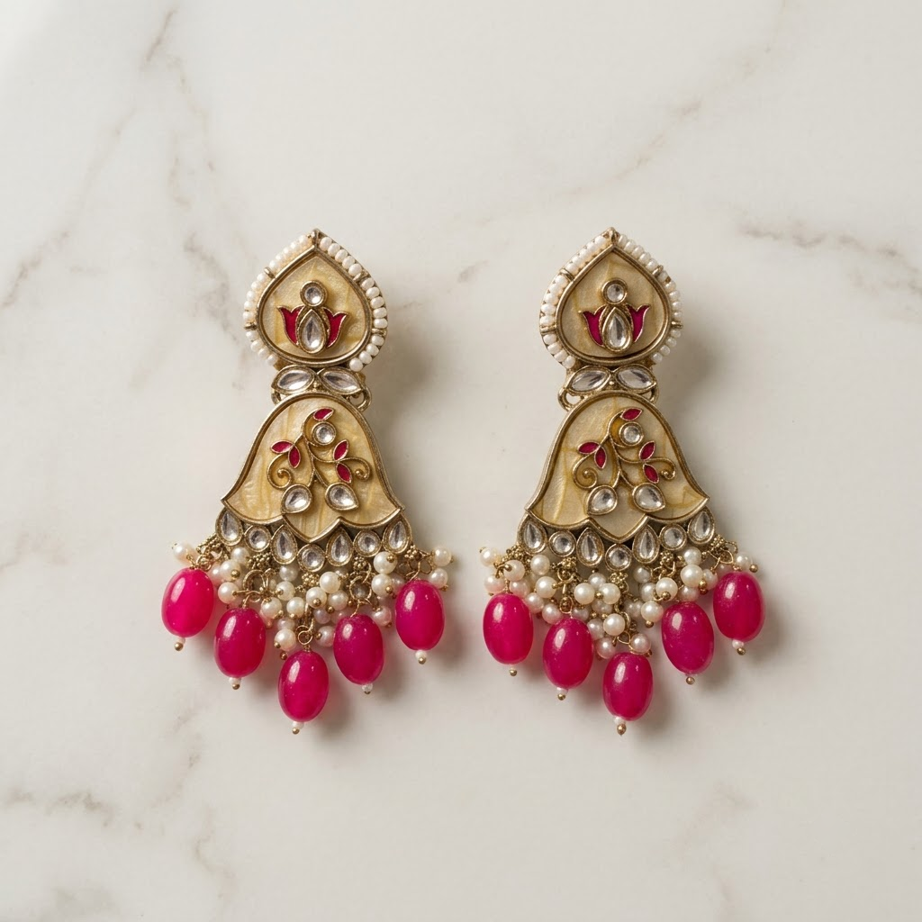 Enamel & Kundan Floral Drop Earrings | Lady Zone