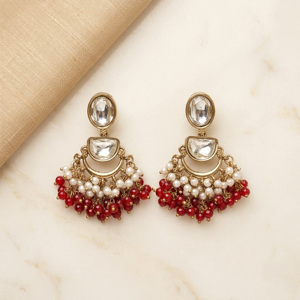 Kundan & Beaded Crescent Drop Earrings | Lady Zone