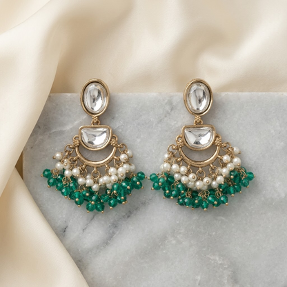 Kundan & Beaded Crescent Drop Earrings | Lady Zone