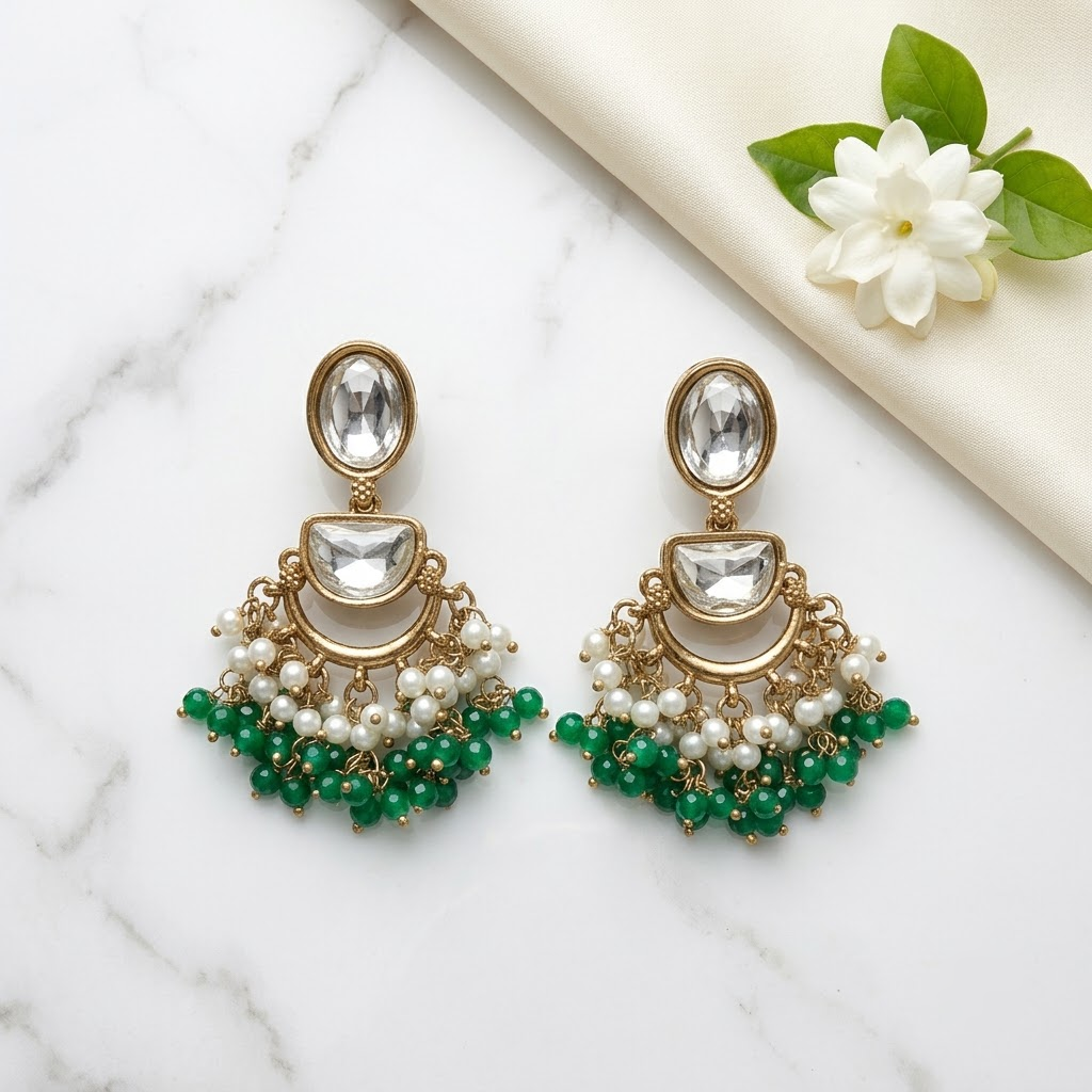 Kundan & Beaded Crescent Drop Earrings | Lady Zone