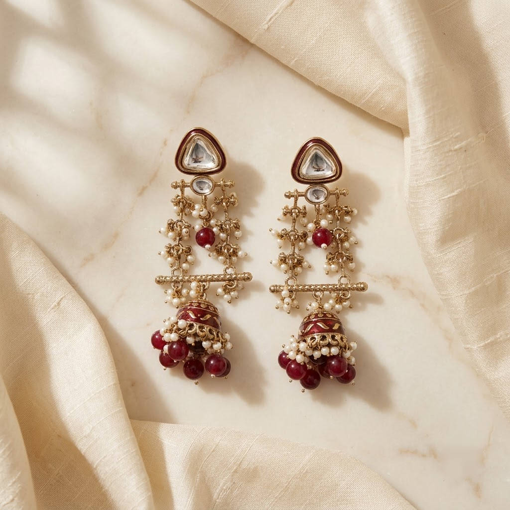 Long Enamel Kundan Jhumki Drop Earrings | Lady Zone
