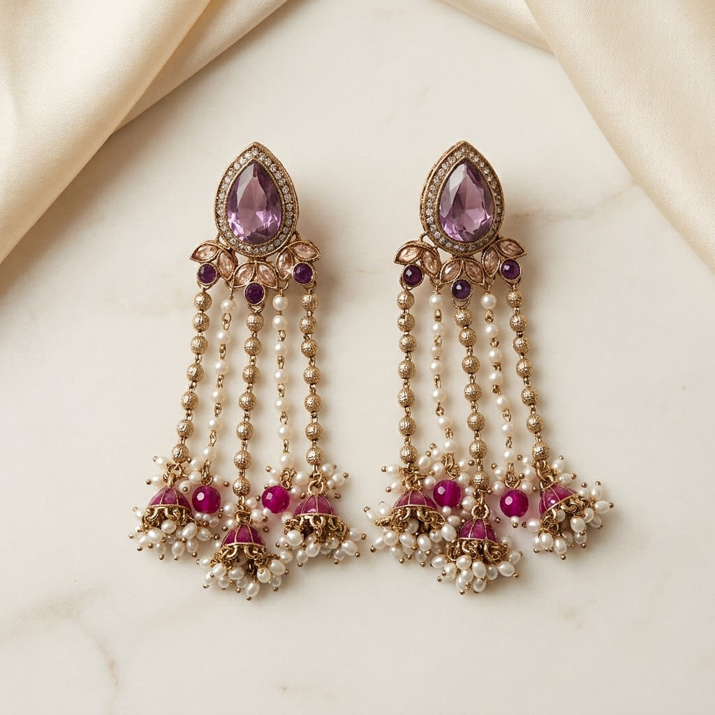 Statement Teardrop Kundan & Pearl Chain Jhumkas | Lady Zone