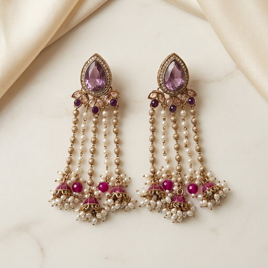Statement Teardrop Kundan & Pearl Chain Jhumkas | Lady Zone