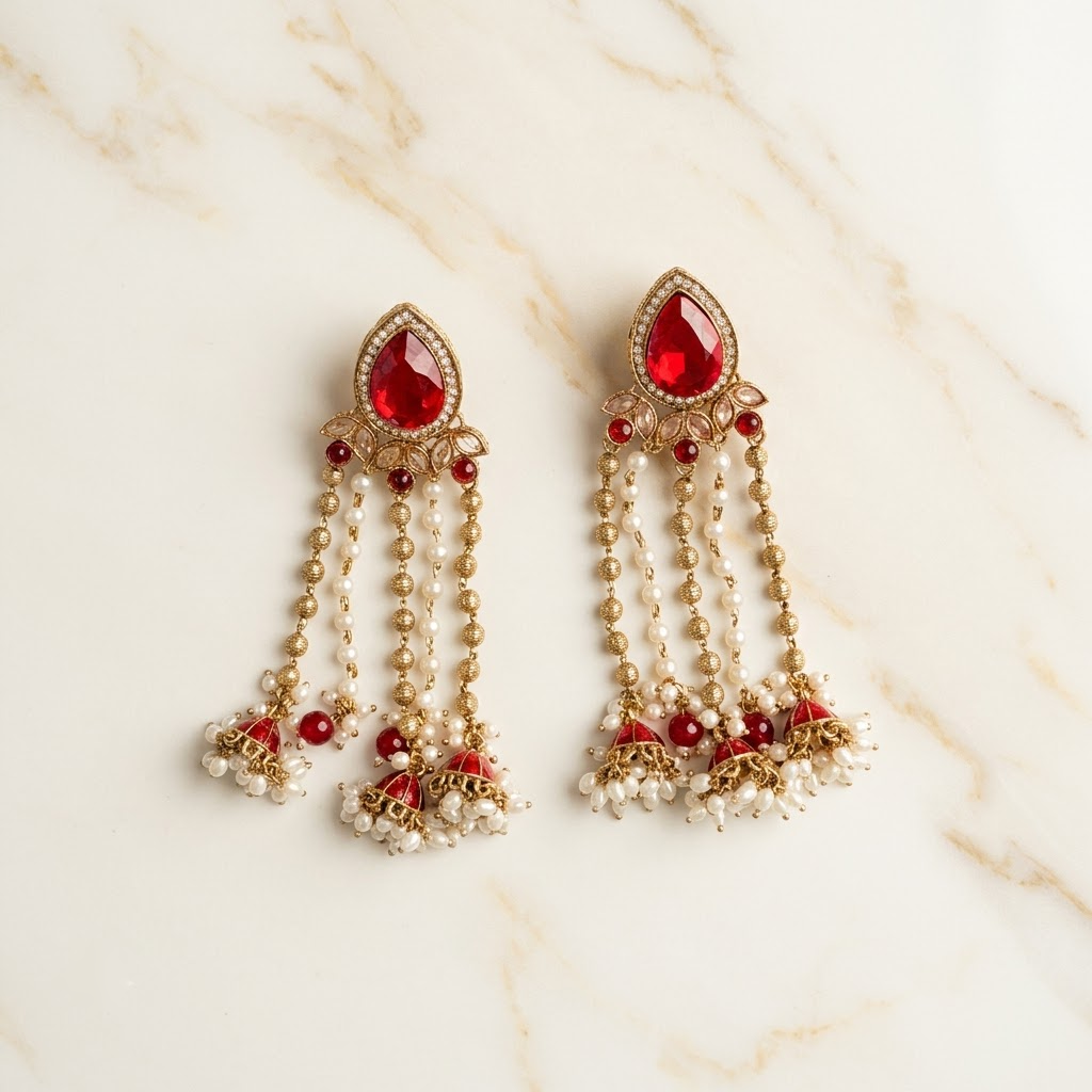 Statement Teardrop Kundan & Pearl Chain Jhumkas | Lady Zone
