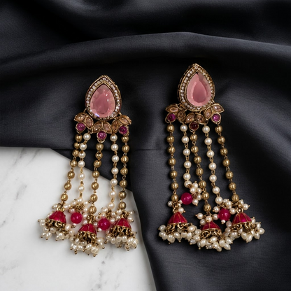Statement Teardrop Kundan & Pearl Chain Jhumkas | Lady Zone