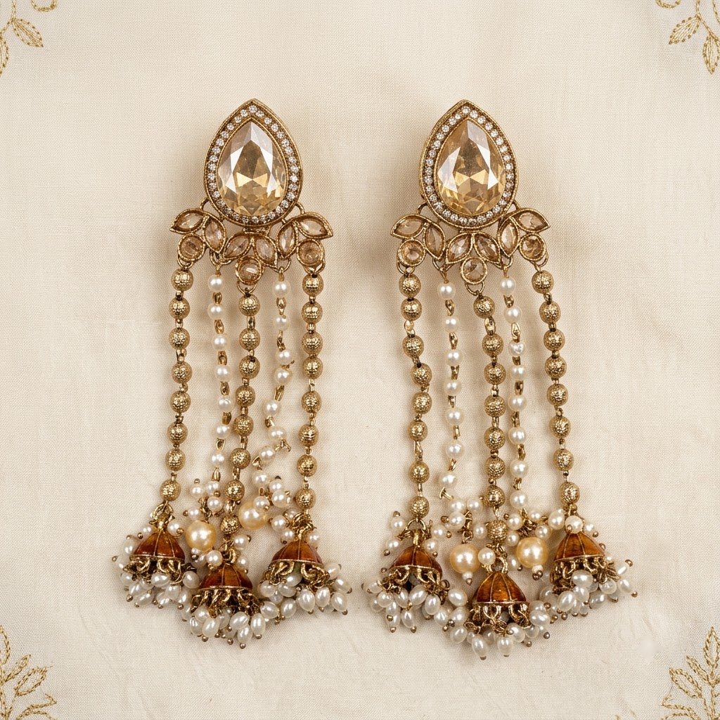 Statement Teardrop Kundan & Pearl Chain Jhumkas | Lady Zone