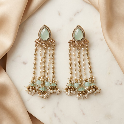 Statement Teardrop Kundan & Pearl Chain Jhumkas | Lady Zone