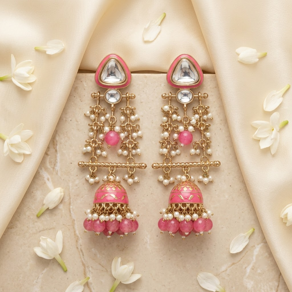 Long Enamel Kundan Jhumki Drop Earrings | Lady Zone