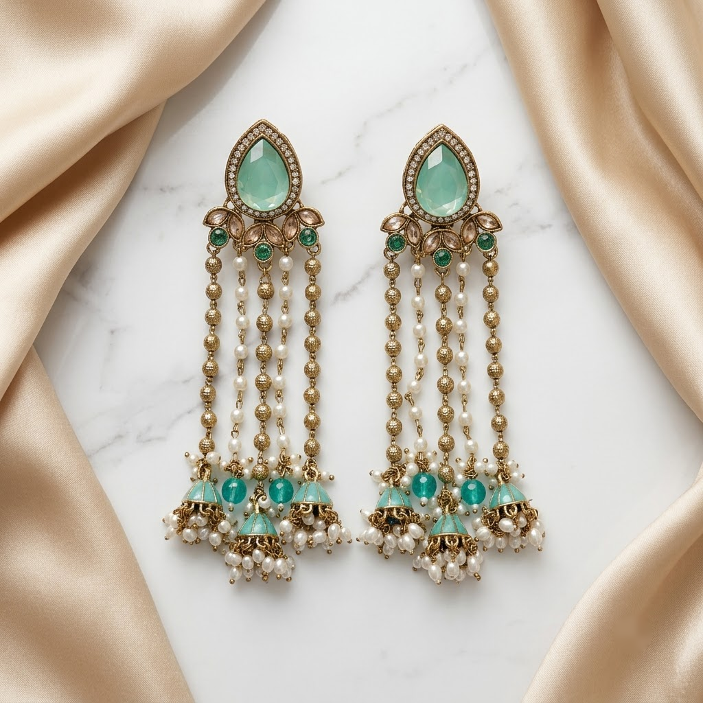 Statement Teardrop Kundan & Pearl Chain Jhumkas | Lady Zone