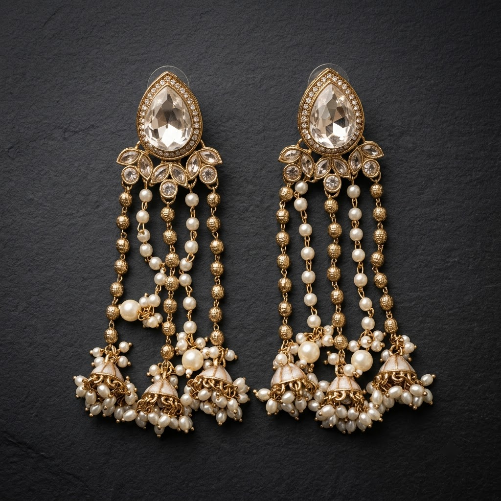 Statement Teardrop Kundan & Pearl Chain Jhumkas | Lady Zone