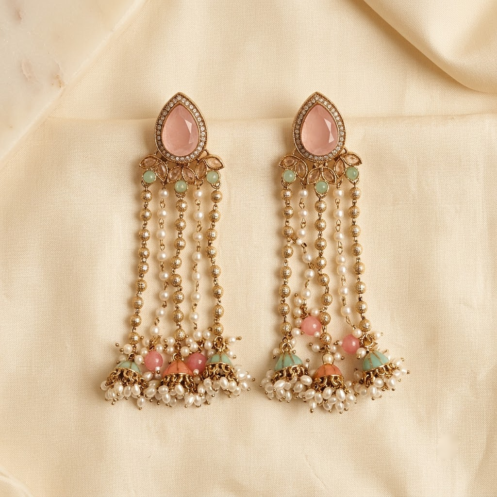Statement Teardrop Kundan & Pearl Chain Jhumkas | Lady Zone