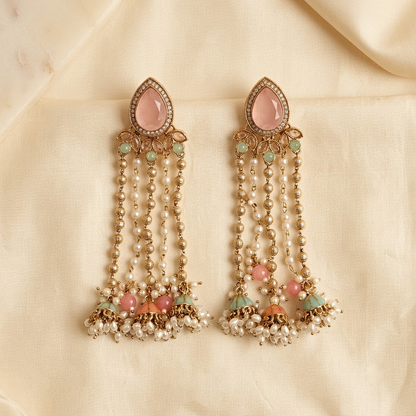 Statement Teardrop Kundan & Pearl Chain Jhumkas | Lady Zone