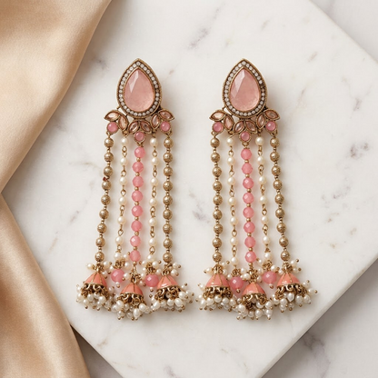 Statement Teardrop Kundan & Pearl Chain Jhumkas | Lady Zone