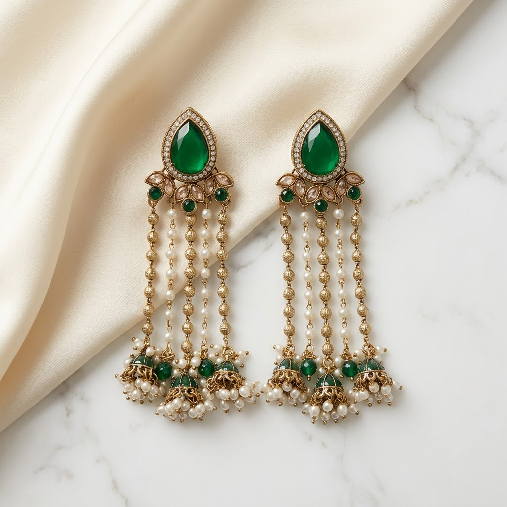 Statement Teardrop Kundan & Pearl Chain Jhumkas | Lady Zone