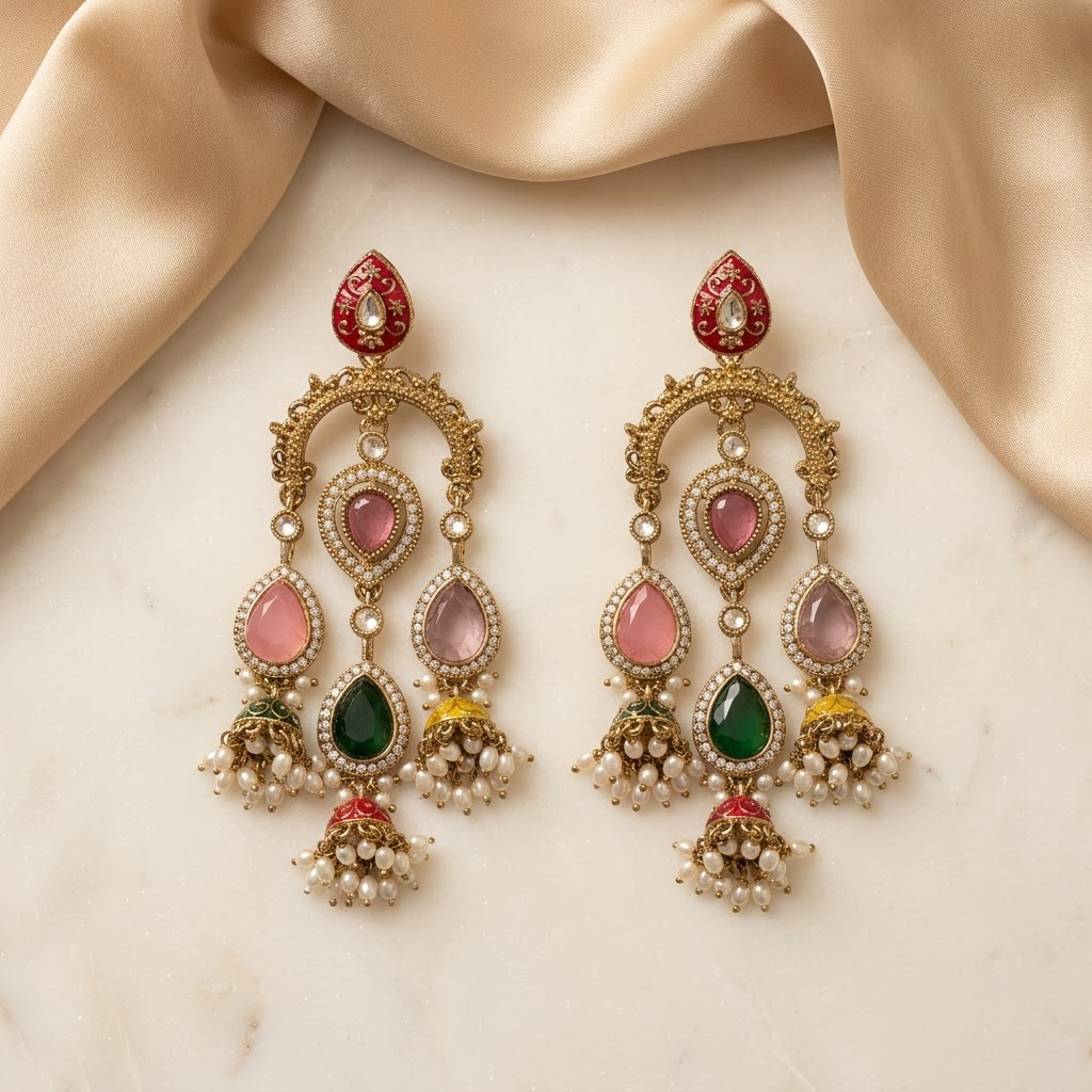 Grand Kundan & Enamel Chandelier Jhumkas | Lady Zone