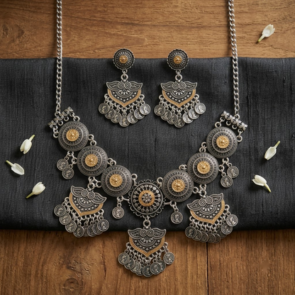 Dual-Tone Oxidized Tribal Coin Chandelier Necklace Set | Lady Zone