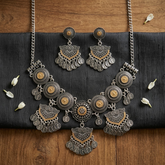 Dual-Tone Oxidized Tribal Coin Chandelier Necklace Set | Lady Zone