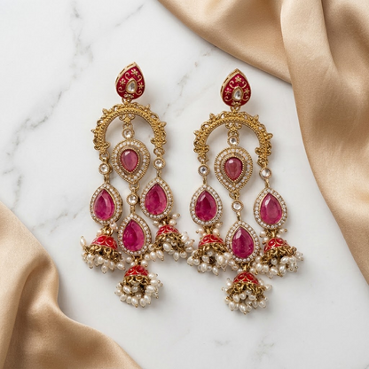 Grand Kundan & Enamel Chandelier Jhumkas | Lady Zone
