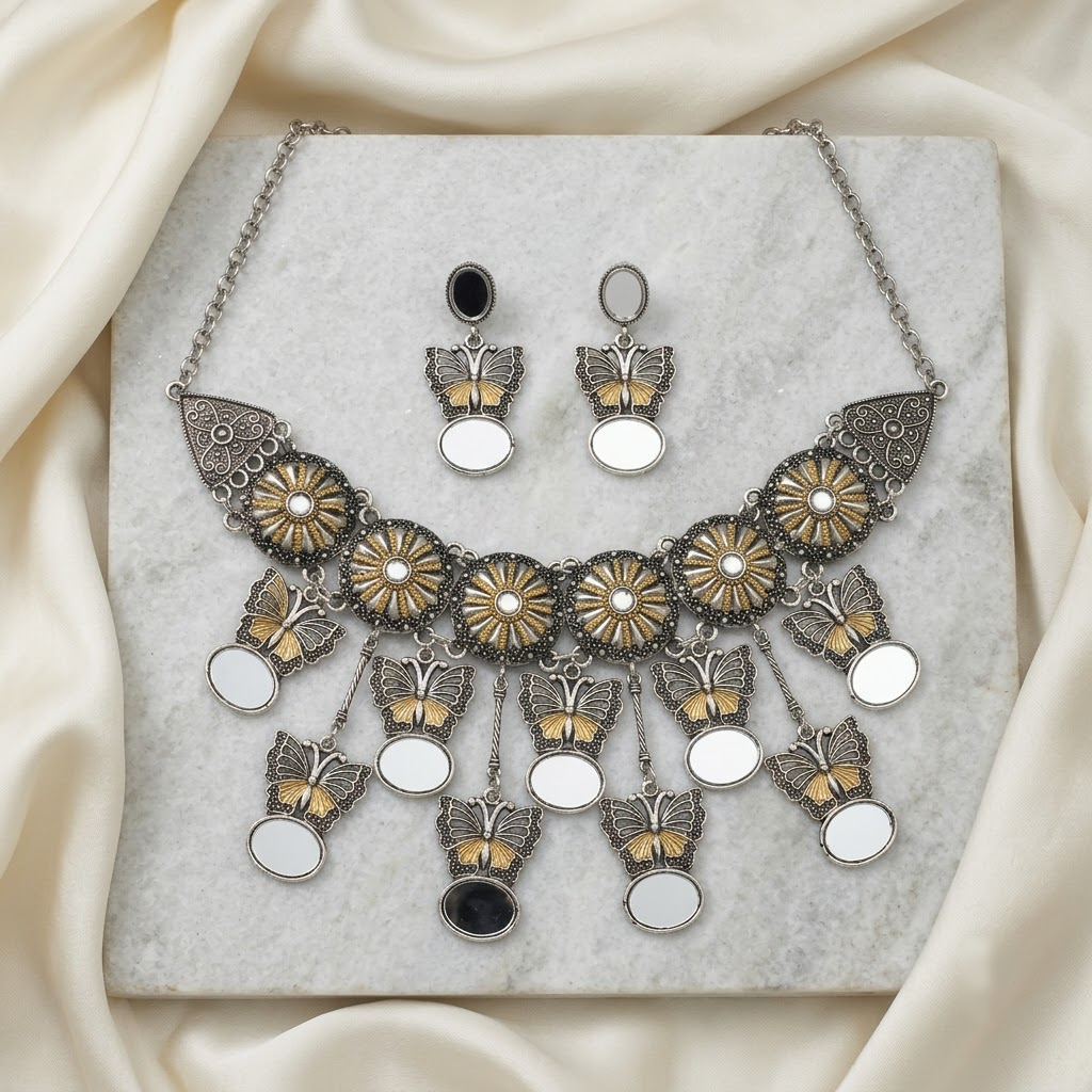 Dual-Tone Oxidized Butterfly & Sunburst Necklace Set | Ladyzone