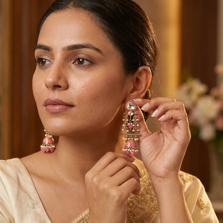 Long Enamel Kundan Jhumki Drop Earrings | Lady Zone