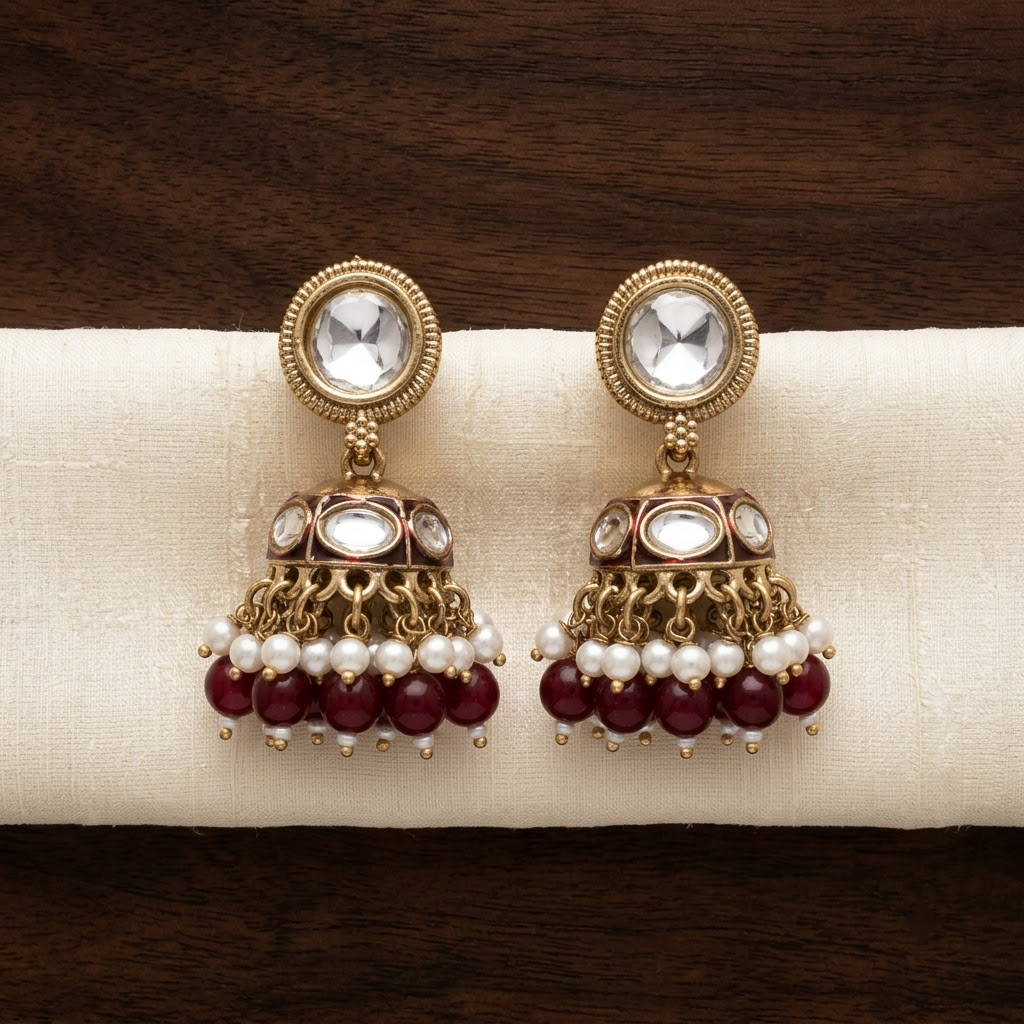 Round Kundan & Enamel Jhumka Earrings | Lady Zone