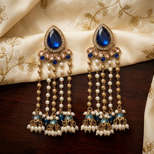 Statement Teardrop Kundan & Pearl Chain Jhumkas | Lady Zone