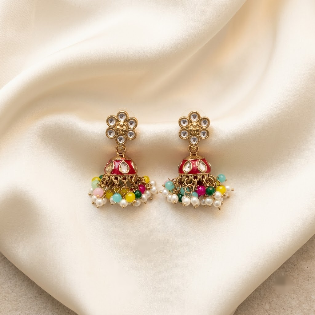 Floral Kundan & Enamel Jhumka Earrings | Lady Zone