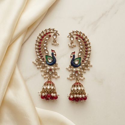 Statement Enamel Peacock Ear-Framing Jhumkas | Lady Zone