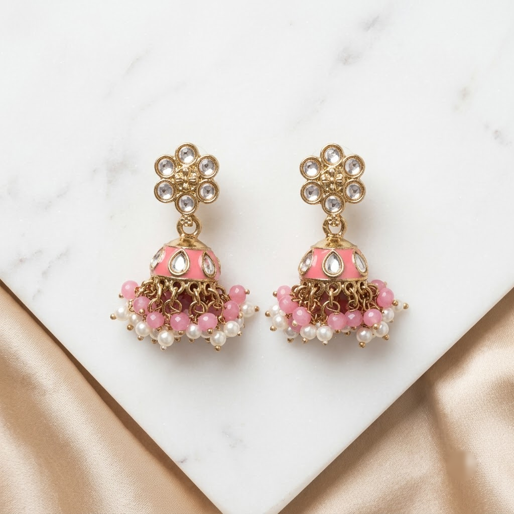 Floral Kundan & Enamel Jhumka Earrings | Lady Zone