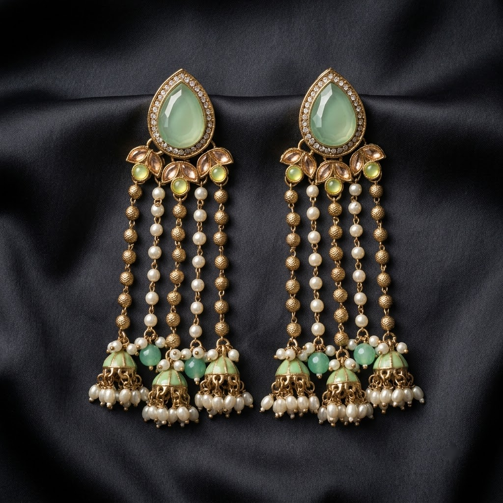 Statement Teardrop Kundan & Pearl Chain Jhumkas | Lady Zone