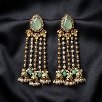 Statement Teardrop Kundan & Pearl Chain Jhumkas | Lady Zone