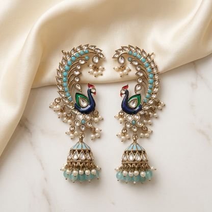 Statement Enamel Peacock Ear-Framing Jhumkas | Lady Zone