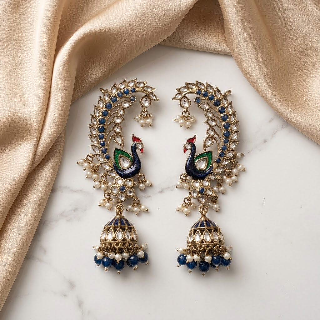 Statement Enamel Peacock Ear-Framing Jhumkas | Lady Zone
