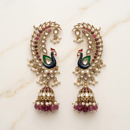 Statement Enamel Peacock Ear-Framing Jhumkas | Lady Zone