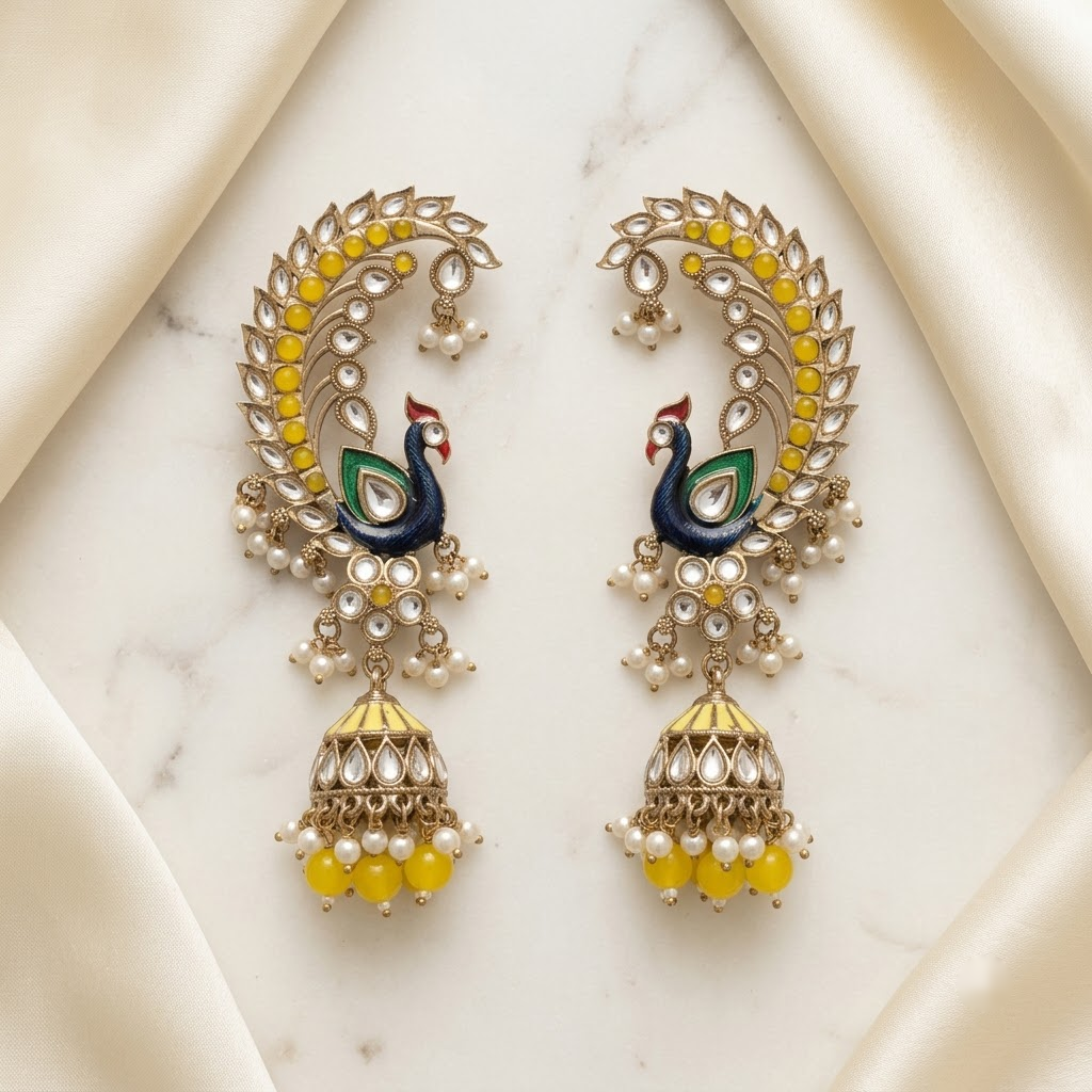 Statement Enamel Peacock Ear-Framing Jhumkas | Lady Zone