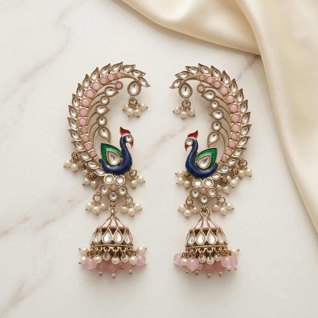 Statement Enamel Peacock Ear-Framing Jhumkas | Lady Zone