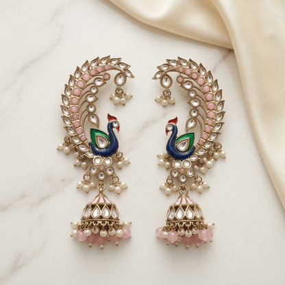 Statement Enamel Peacock Ear-Framing Jhumkas | Lady Zone