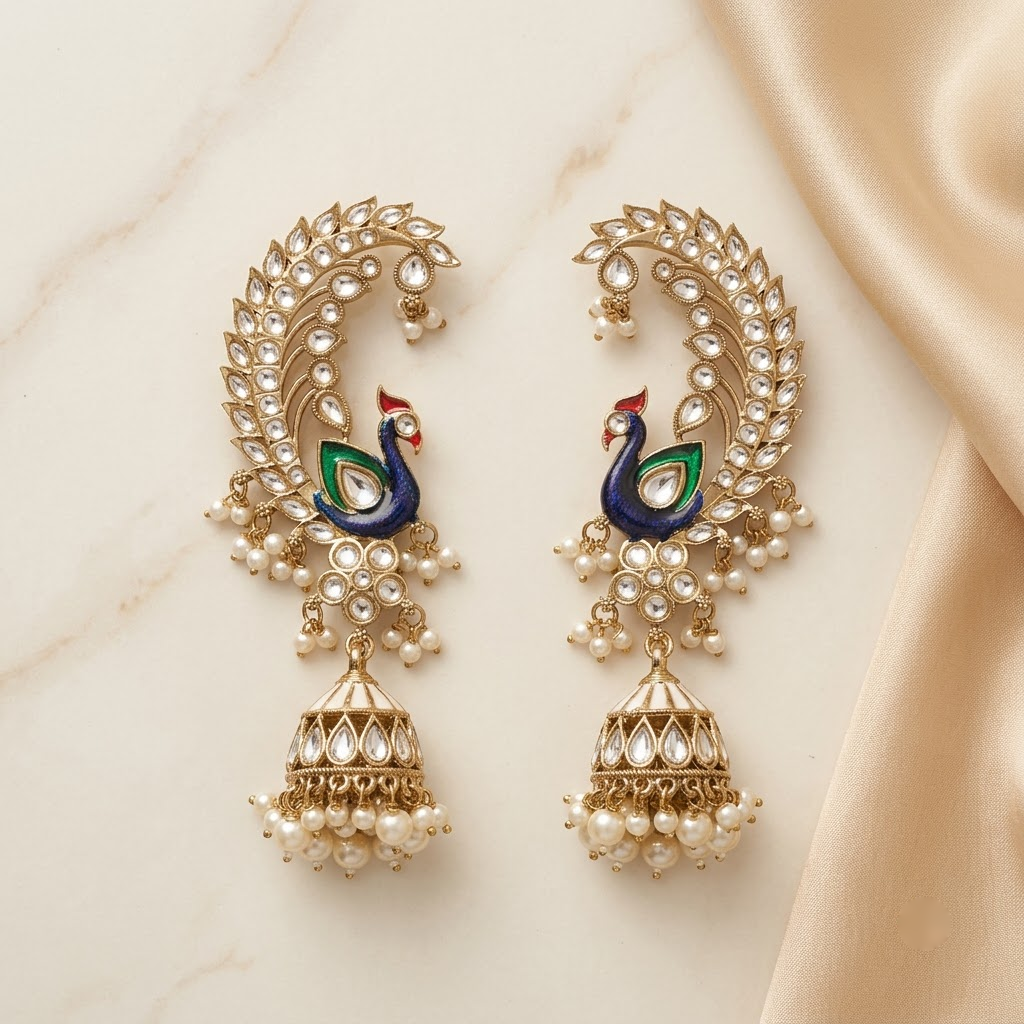 Statement Enamel Peacock Ear-Framing Jhumkas | Lady Zone