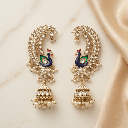 Statement Enamel Peacock Ear-Framing Jhumkas | Lady Zone