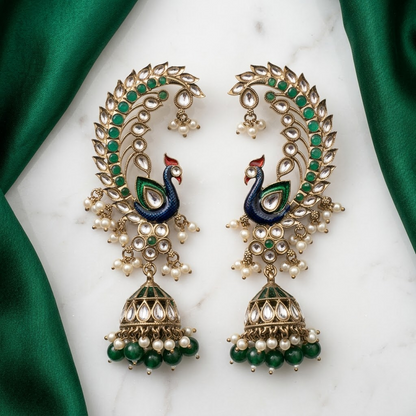 Statement Enamel Peacock Ear-Framing Jhumkas | Lady Zone