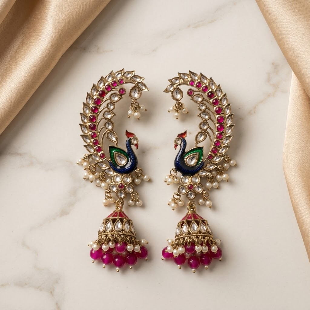 Statement Enamel Peacock Ear-Framing Jhumkas | Lady Zone